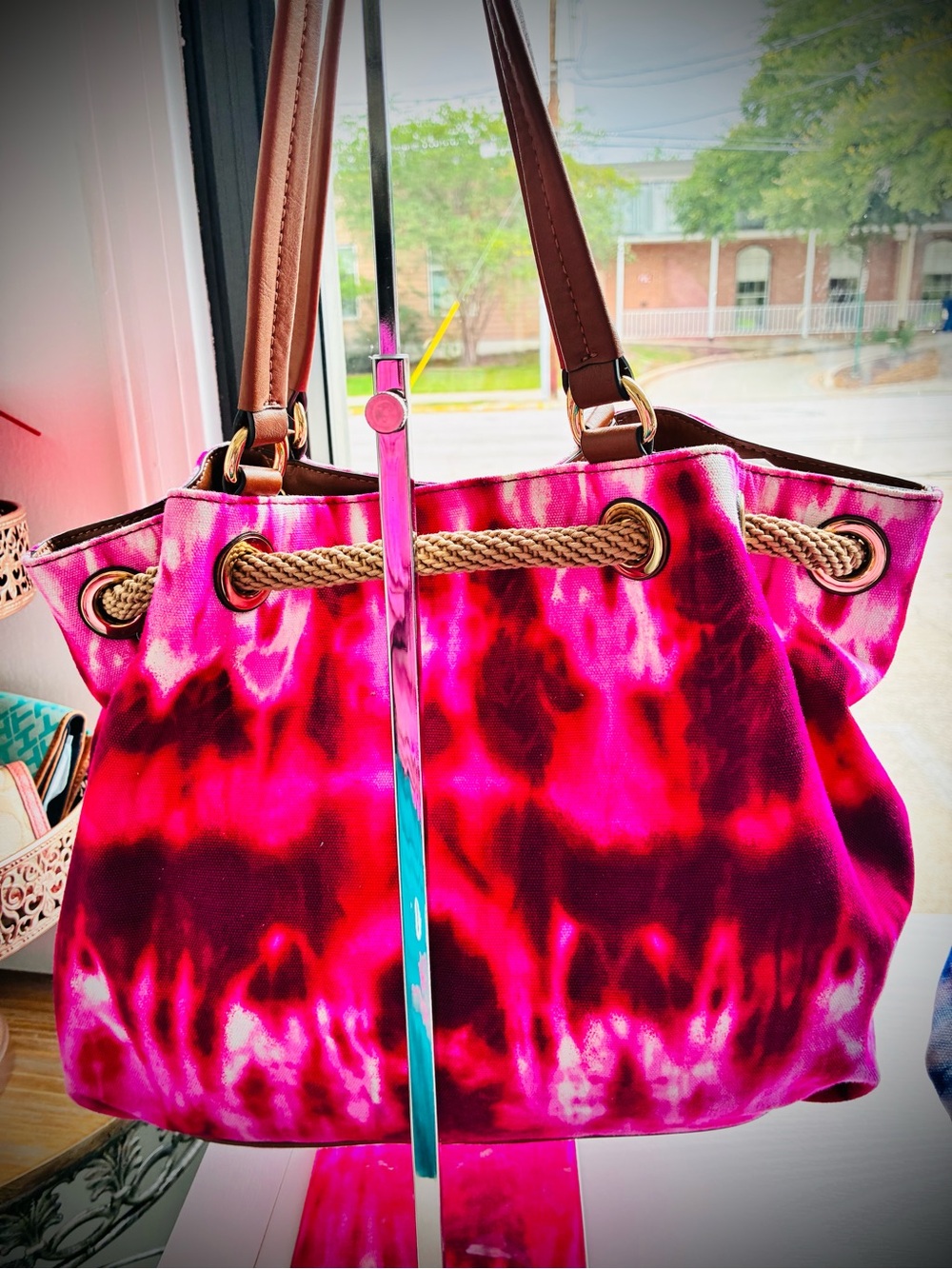 Michael Kors Fuchsia Pink Tie-Dye Drawstring Tote with Gold Accents - Picture 4 of 5